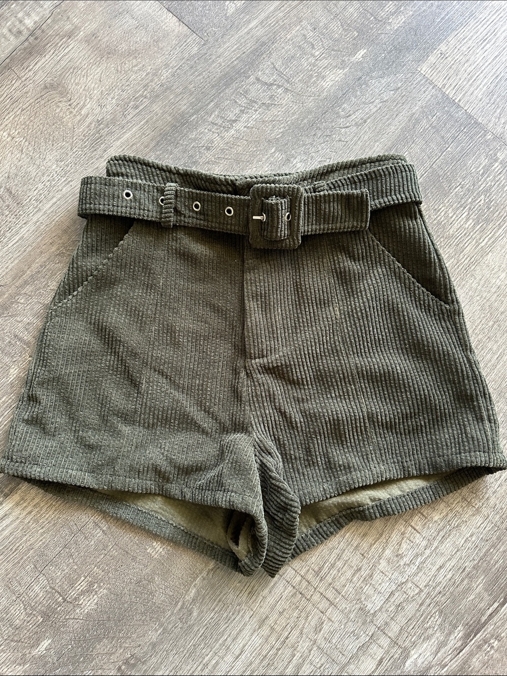 Altar'd State Green High-Waist Corduroy Belted Shorts